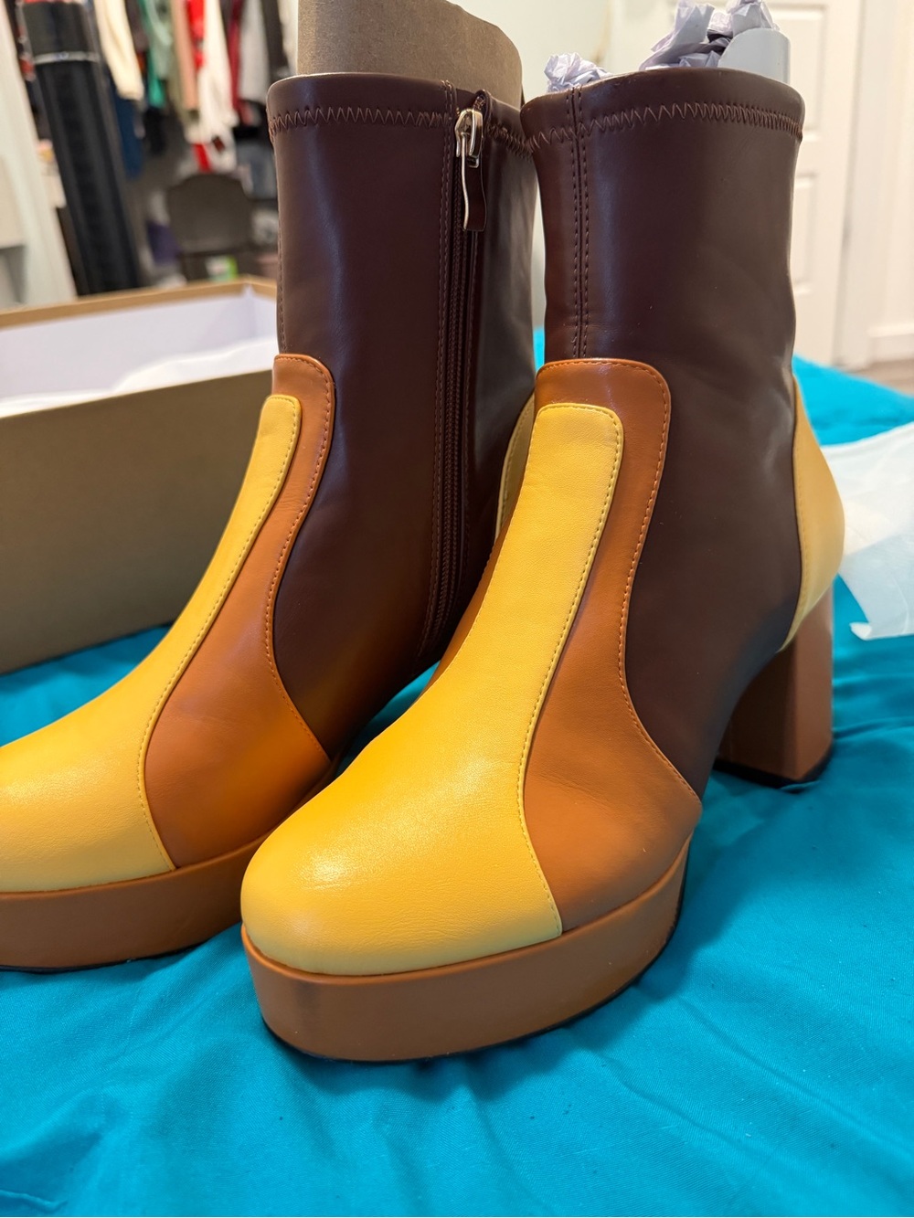 Colorblock Platform Ankle Boots in Yellow, Brown & Tan